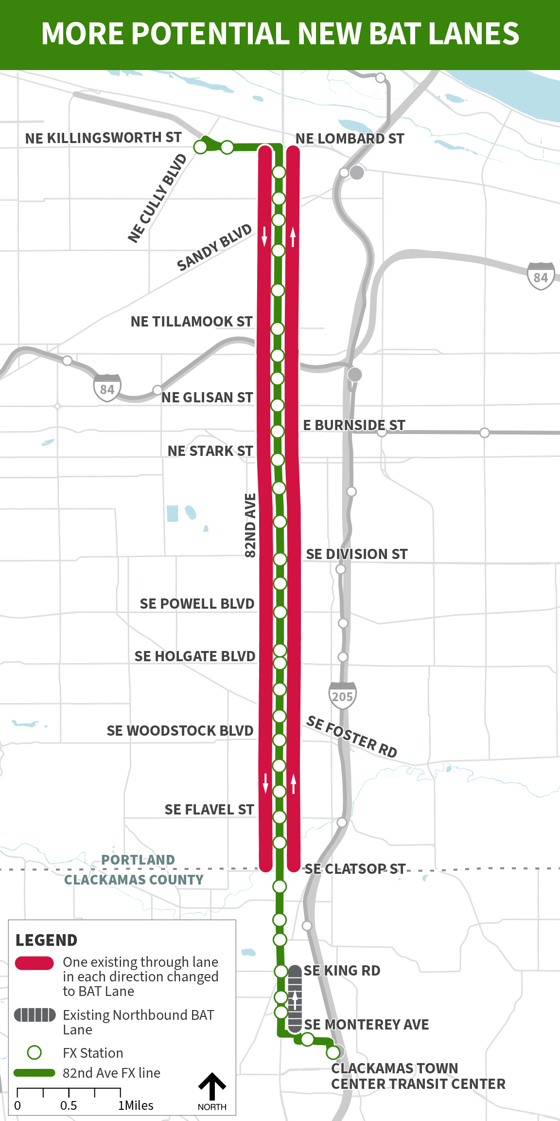 Map of the 82nd Ave FX line route showing potential BAT Lanes that could be added by changing existing lanes of traffic. The new potential BAT Lanes go from NE Lombard St to SE Clatsop St in either direction. There is one existing northbound BAT Lane from SE Monterey Ave to SE King Rd.
