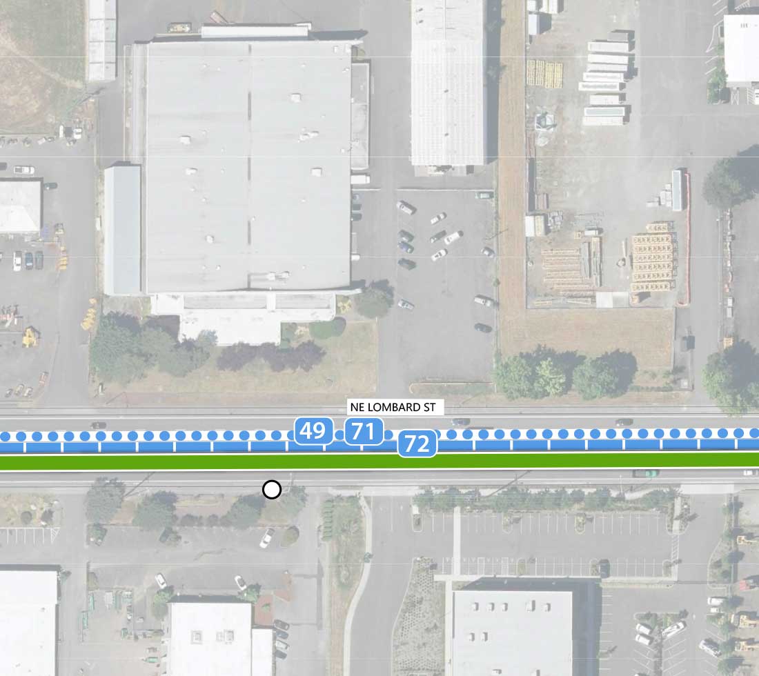 Map showing where the 82nd Ave FX line runs on the 7600 block of NE Lombard St. A future Line 72 stop is marked on the eastbound side. Line 72 runs parallel to the SE 82nd Ave line, along with planned Lines 49 and 71. 