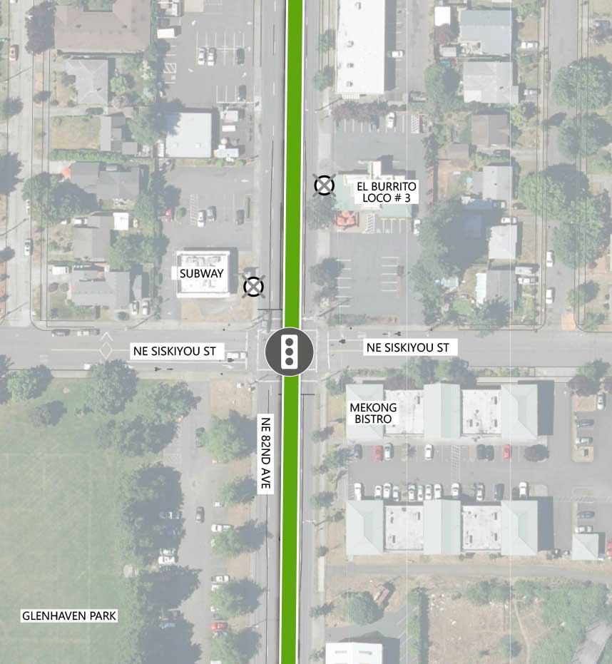 Map showing where the 82nd Ave FX Line runs on NE 82nd Ave, intersecting NE Siskiyou St. There is an existing traffic signal and a Line 72 stop closing on either side of the intersection. The following are highlighted on the map: El Burrito Loco #3, Subway, Mekong Bistro, and Glenhaven Park.