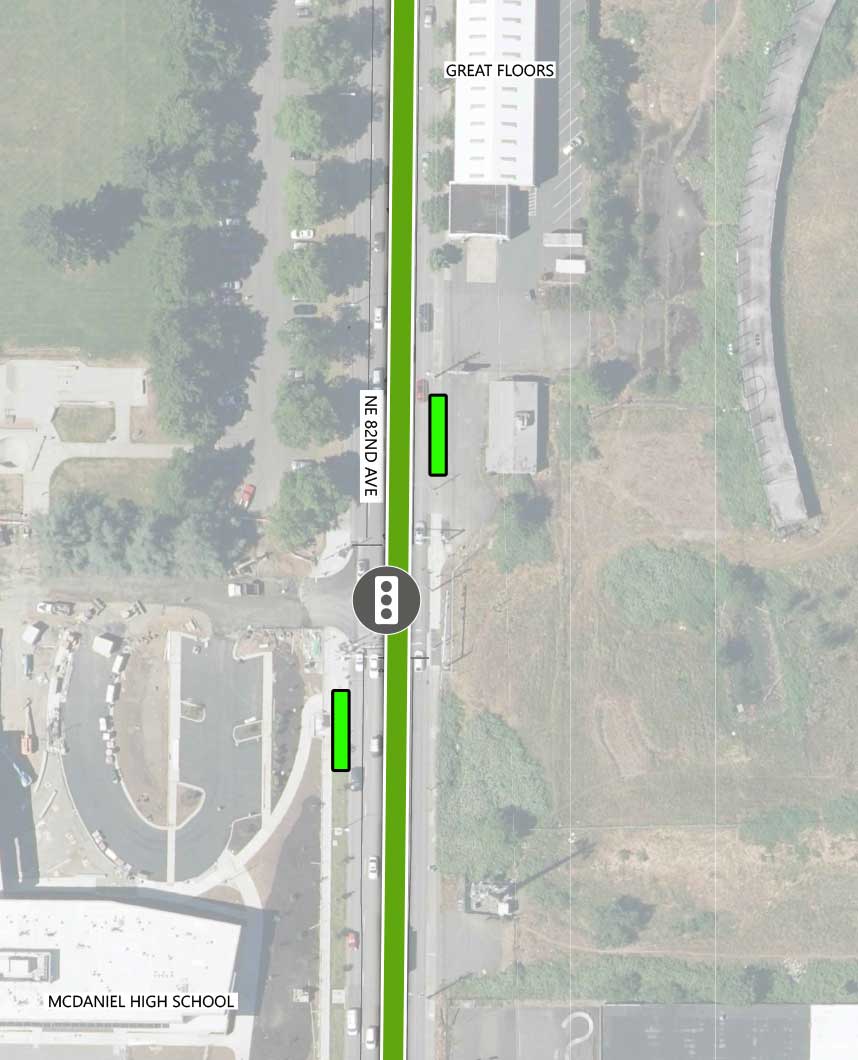Map showing where the 82nd Ave FX Line continues on NE 82nd Ave south of NE Siskiyou St. There is an existing traffic signal and two FX station platforms by the entrance to McDaniel High School. Great Floors and McDaniel High School are highlighted on the map.