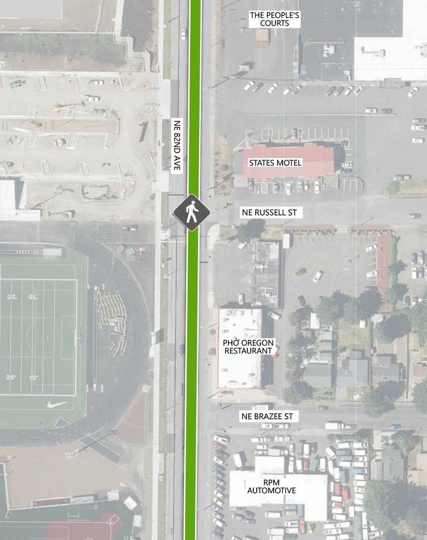 Map showing where the 82nd Ave FX Line runs on NE 82nd Ave, intersecting NE Russel St and NE Brazee St. There is an existing pedestrian crossing signal at the NE Russell St intersection. The following businesses are highlighted on the map: The People's Courts, States Motel, Pho Oregon Restaurant, and RPM Automotive.