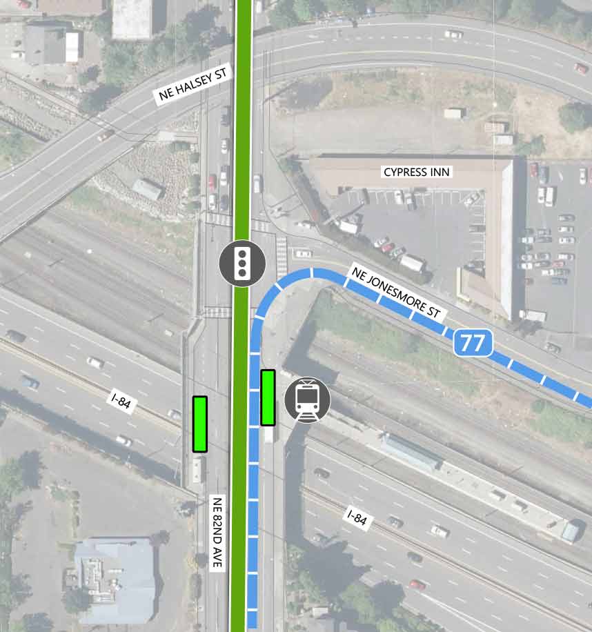 Map showing where the 82nd Ave FX Line runs on NE 82nd Ave, intersecting NE Halsey St, NE Jonesmore St, and I-84. There is an existing traffic signal at the NE Jonesmore St intersection, as well as two FX station platforms and a MAX station. The Cypress Inn is highlighted on the map.