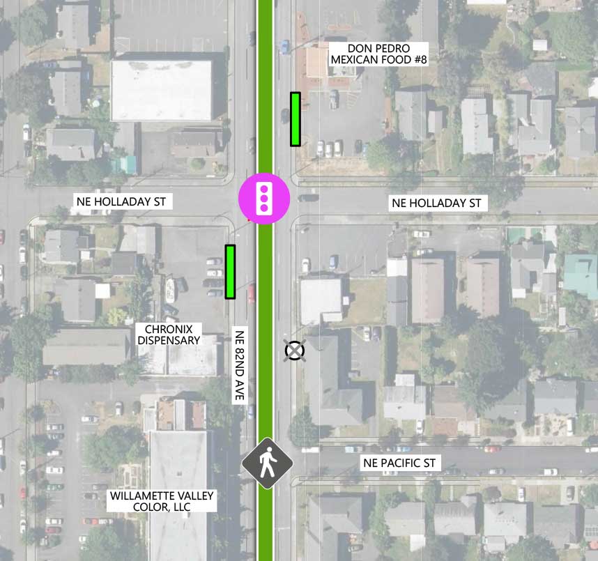 Map showing where the 82nd Ave FX Line runs on NE 82nd Ave, intersecting NE Holladay St and NE Pacific St. There is a planned traffic signal and two FX stations at the NE Holladay St intersection. There is an exsiting pedestrian crossing signal at the NE Pacific St intersection. There is a Line 72 stop closing between the two intersections on the northbound side. The following businesses are highlighted on the map: Don Pedro Mexican Food #8, Chronix Dispensary, and Willamette Valley Color, LLC.