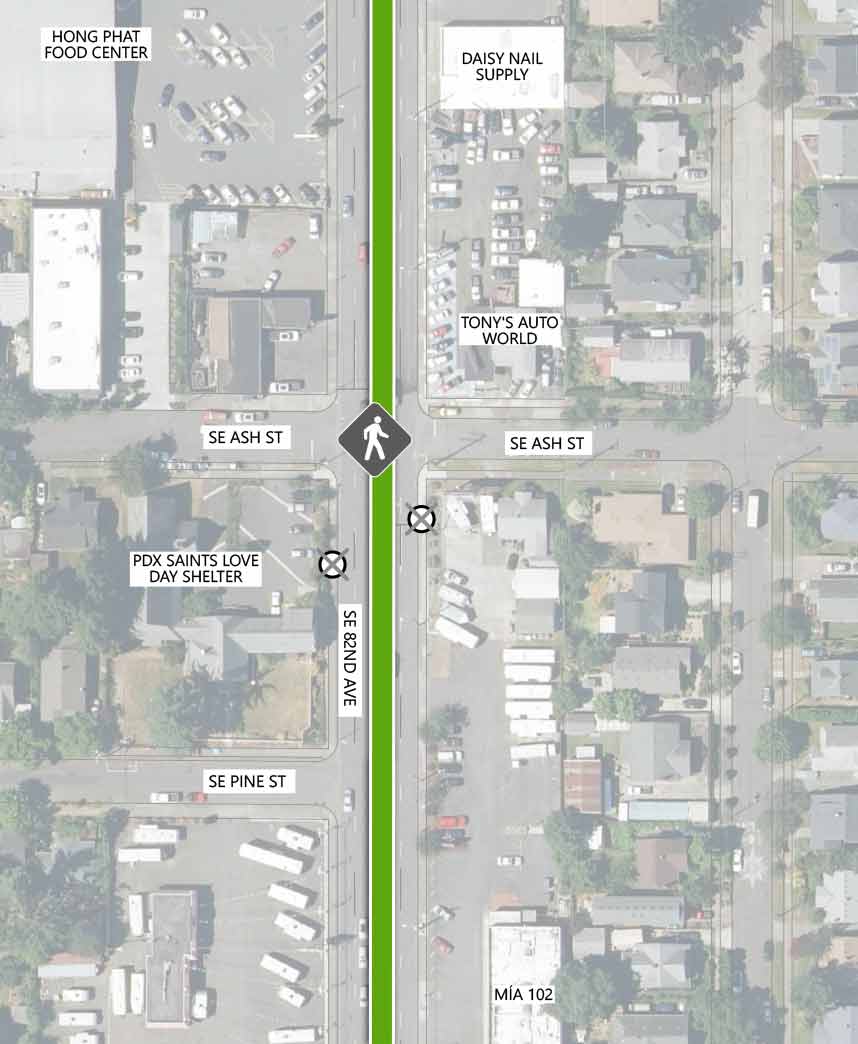 Map showing where the 82nd Ave FX Line runs on SE 82nd Ave, intersecting SE Ash St and SE Pine St. There is an existing pedestrian crossing signal and two Line 72 stop closings at the SE Ash St intersection. The following businesses are highlighted on the map: Hong Phat Food Center, Daisy Nail Supply, Tony's Auto World, and PDX Saints Love Day Shelter.