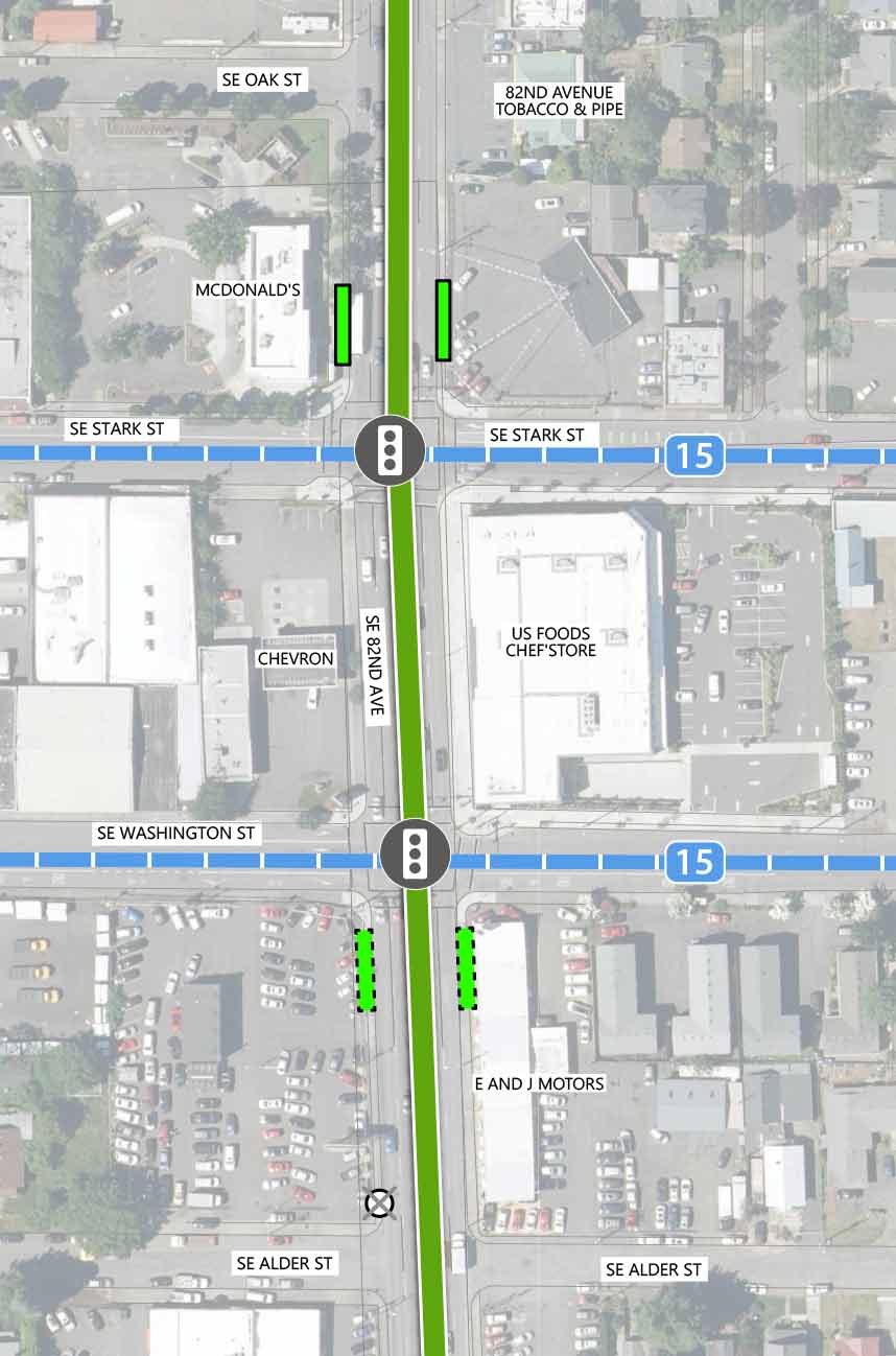 Map showing where the 82nd Ave FX Line runs on SE 82nd Ave, intersecting SE Oak St, SE Stark St, SE Washington St, and SE Alder St. There is an existing traffic signal and two FX stations at the SE Stark St intersection. There is an existing traffic signal and two alternative FX stations at the SE Washington St intersection. There is a Line 72 stop closing on the southbound side of the SE Alder St intersection. Line 15 runs perpendicular to the 82nd Ave FX Line on SE Stark St and SE Washington St. The following businesses are highlighted on the map: 82nd Avenue Tobacco & Pipe, McDonald's, Chevron, US Foods Chef's Store, and E and J Motors.