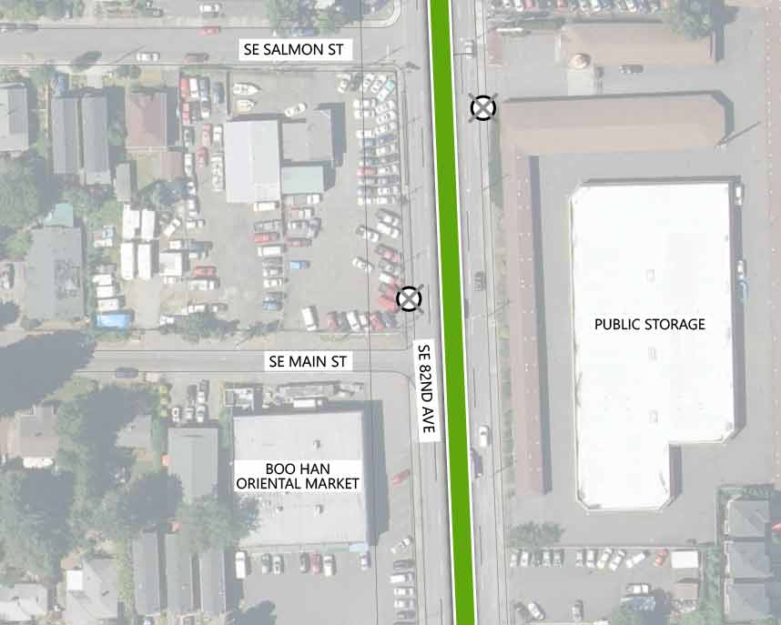 Map showing where the 82nd Ave FX Line runs on SE 82nd Ave, intersecting SE Salmon St and SE Main St. There are two Line 72 stop closures between the intersections, one on either side. The following businesses are highlighted on the map: Public Storage and Boo Han Oriental Market.