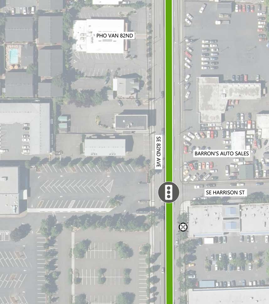 Map showing where the 82nd Ave FX Line runs on SE 82nd Ave, intersecting SE Harrison St. There is an existing traffic signal and one Line 72 stop closing (northbound) at the intersection. The following businesses are highlighted on the map: Pho Van 82nd and Barron's Auto Sales.