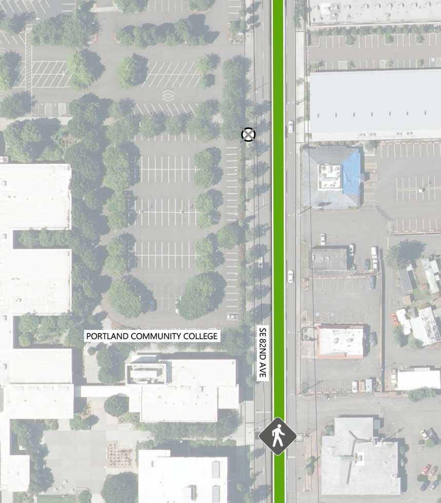 Map showing where the 82nd Ave FX Line runs on SE 82nd Ave past Portland Community College. There is a Line 72 stop closing (southbound) to the north of the map and an existing pedestrian crossing signal to the south.