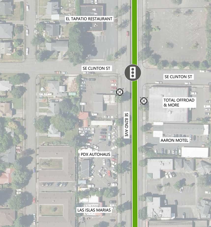 Map showing where the 82nd Ave FX Line runs on SE 82nd Ave, intersecting SE Clinton St. There is an existing traffic signal and two Line 72 stop closings (one on each side) at the intersection. The following businesses are highlighted on the map: El Tapatio Restaurant, Total Offroad & More, Aaron Motel, PDX Autohaus, and Las Islas Marias.