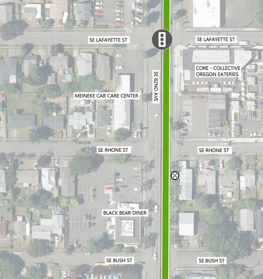 Map showing where the 82nd Ave FX Line runs on SE 82nd Ave, intersecting SE Lafayette St, SE Rhone St, and SE Bush St. There is an existing traffic signal at the SE Lafayette St intersection. There is a Line 72 stop closing (northbound) at the SE Rhone St intersection. The following businesses are highlighted on the map: CORE - Collective Oregon Eateries, Meineke Car Care Center, and Black Bear Diner.