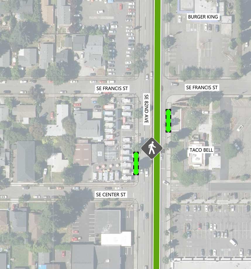 Map showing where the 82nd Ave FX Line runs on SE 82nd Ave, intersecting SE Francis St and SE Center St. There is an existing pedestrian crossing signal and two alternative FX station locations between the intersections. The following businesses are highlighted on the map: Burger King and Taco Bell.