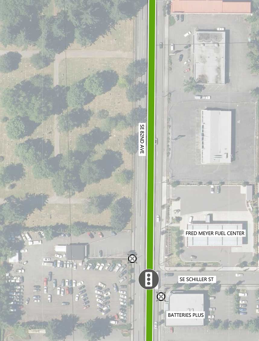 Map showing where the 82nd Ave FX Line runs on SE 82nd Ave, intersecting SE Schiller St. There is an existing traffic signal and two Line 72 stop closings (one on either side) at the intersection. The following businesses are highlighted on the map: Fred Meyer Fuel Center and Batteries Plus.