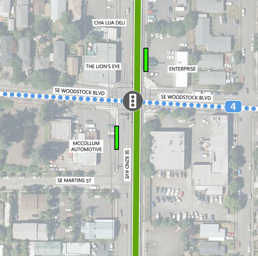 Map showing where the 82nd Ave FX Line runs on SE 82nd Ave, intersecting SE Woodstock Blvd and SE Martins St. There is an existing traffic signal and two FX stations at the SE Woodstock Blvd intersection. Planned Line 4 runs perpendicular to the 82nd Ave FX Line along SE Woodstock Blvd. The following businesses are highlighted on the map: Cha Lua Deli, The Lion's Eye, Enterprise, and McCollum Automotive.