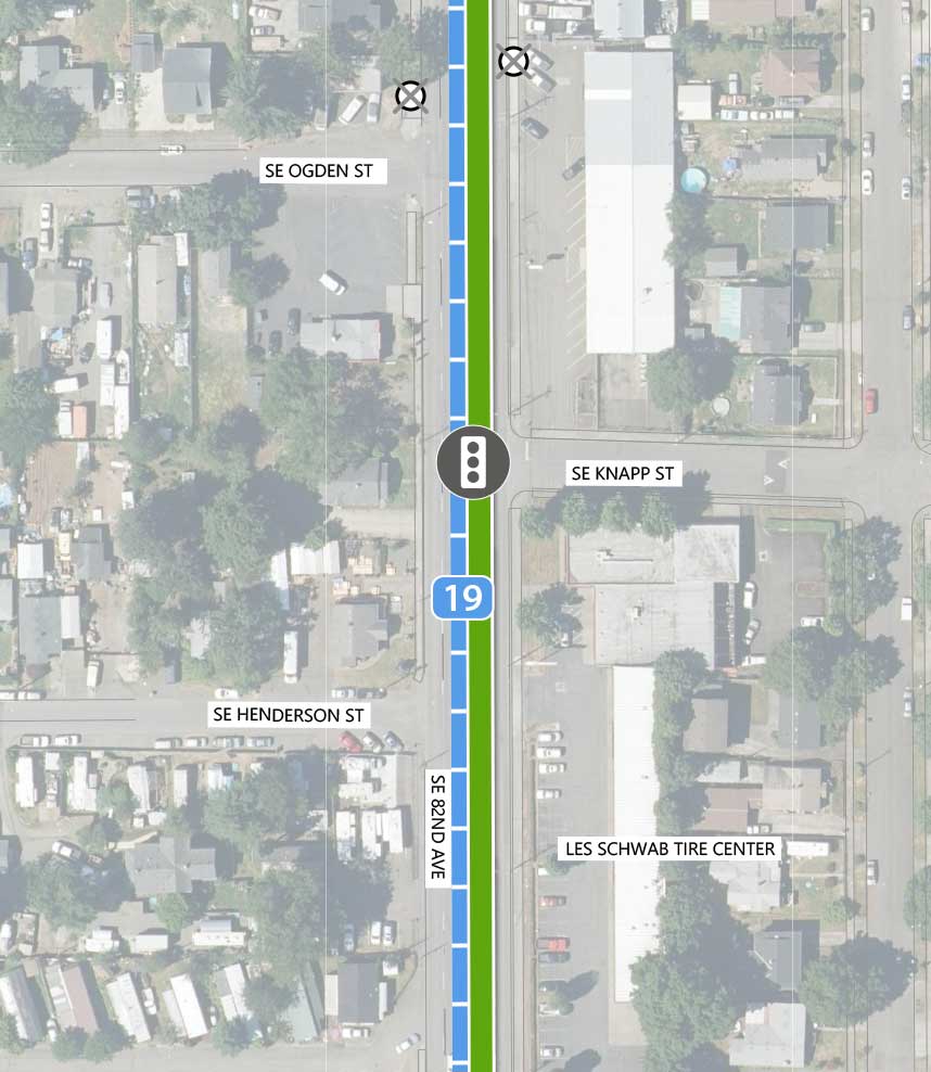 Map showing where the 82nd Ave FX Line runs on SE 82nd Ave, intersecting SE Ogden St, SE Knapp St, and SE Henderson St. There are two Line 72 stop closings (one on each side) at the SE Ogden St intersection. There is an existing traffic signal at the SE Knapp St intersection. Line 19 runs parallel to the 82nd Ave FX line. Les Schwab Tire Center is highlighted on the map.