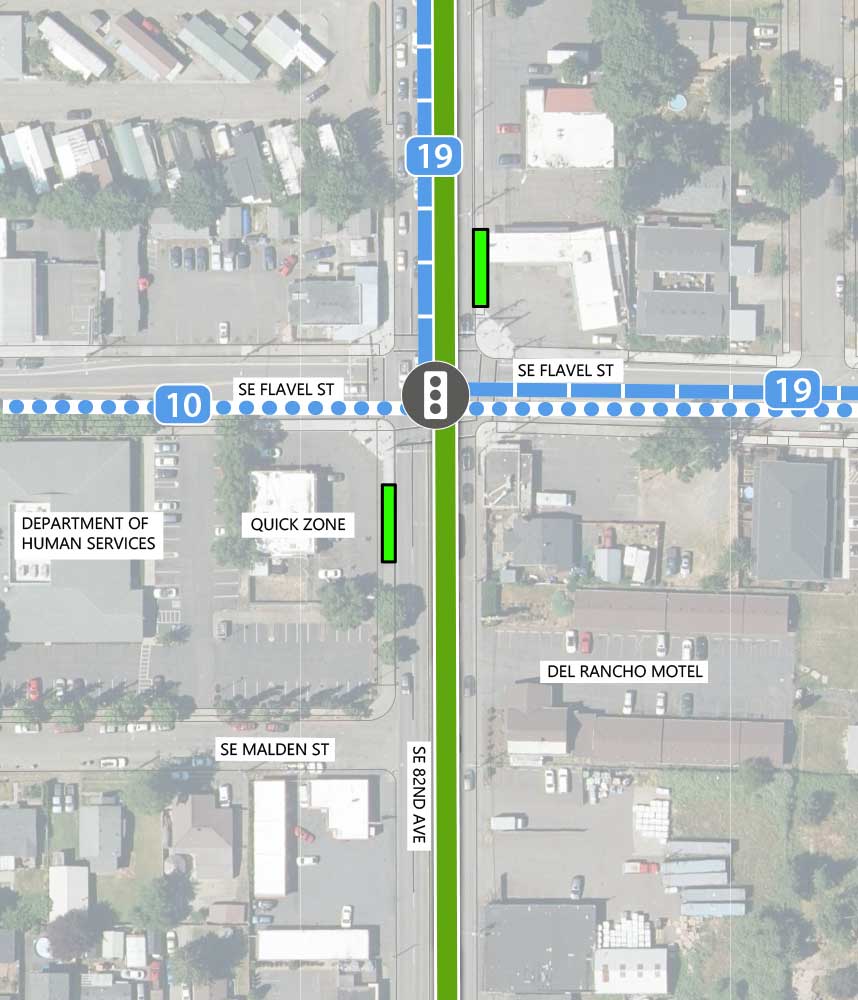 Map showing where the 82nd Ave FX Line runs on SE 82nd Ave, intersecting SE Flavel St and SE Malden St. There is an existing traffic signal and two FX stations at the SE Flavel St intersection. Line 19 runs parallel to the 82nd Ave FX line until it turns east at SE Flavel St. Planned Line 10 runs parallel on SE Flavel St. The following businesses are highlighted on the map: Department of Human Services, Qucik Zone, and Del Rancho Motel.