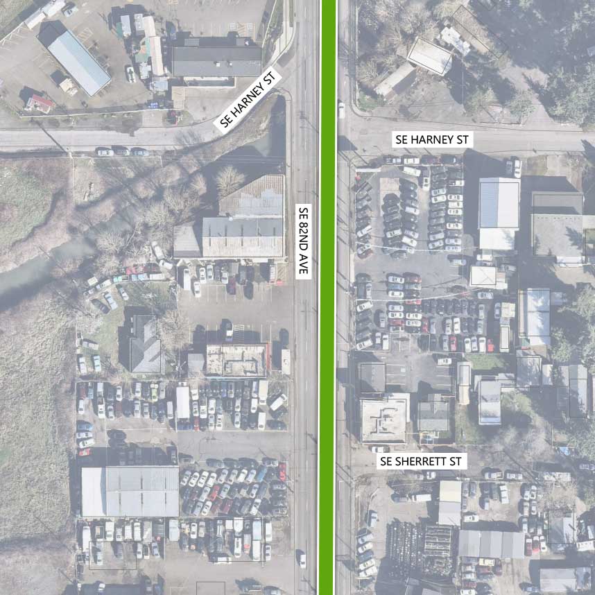 Map showing where the 82nd Ave FX Line runs on SE 82nd Ave, intersecting SE Harney St and SE Sherrett St.