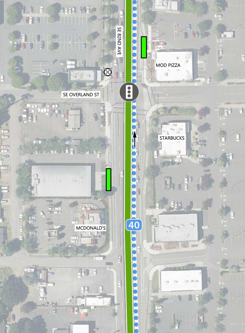 Map showing where the 82nd Ave FX Line runs on SE 82nd Ave, intersecting SE Overland St. There is an existing traffic signal, two FX stations, and a Line 72 stop closing (southbound) at the intersection. Line 40 runs parallel to the 82nd Ave FX Line. The following businesses are highlighted on the map: Mod Pizza, Starbucks, and McDonald’s.
