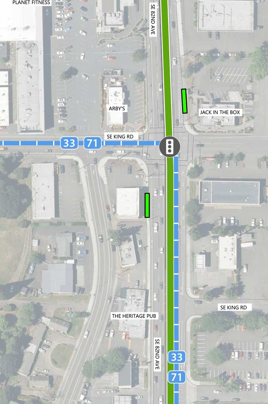 Map showing where the 82nd Ave FX Line runs on SE 82nd Ave, intersecting SE King Rd. There is an existing traffic signal and two FX Station platforms at the intersection. Lines 33 and 71 run east from SE King Rd and turn south down SE 82nd Ave. The following businesses are highlighted on the map: Planet Fitness, Arby’s, and Jack In The Box.