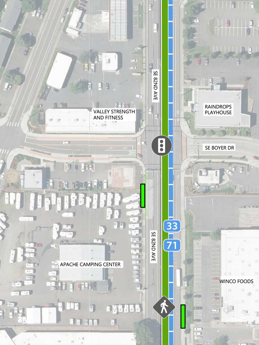 Map showing where the 82nd Ave FX Line runs on SE 82nd Ave, intersecting SE King Rd. Lines 33 and 71 run parallel to the 82nd Ave FX Line. The Heritage Pub is highlighted on the map.
