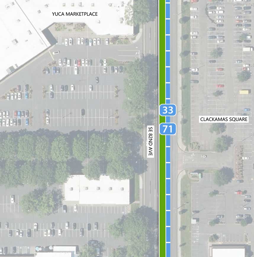 Map showing where the 82nd Ave FX Line runs on SE 82nd Ave, intersecting SE Boyer Dr. There is an existing traffic signal at the intersection. South of the intersection are two FX stations and an existing pedestrian crossing signal. Lines 33 and 71 run parallel to the 82nd Ave FX Line. The following businesses are highlighted on the map: Raindrops Playhouse, Valley Strength and Fitness, Apache Camping Center, Winco Foods, and Yuca Marketplace.