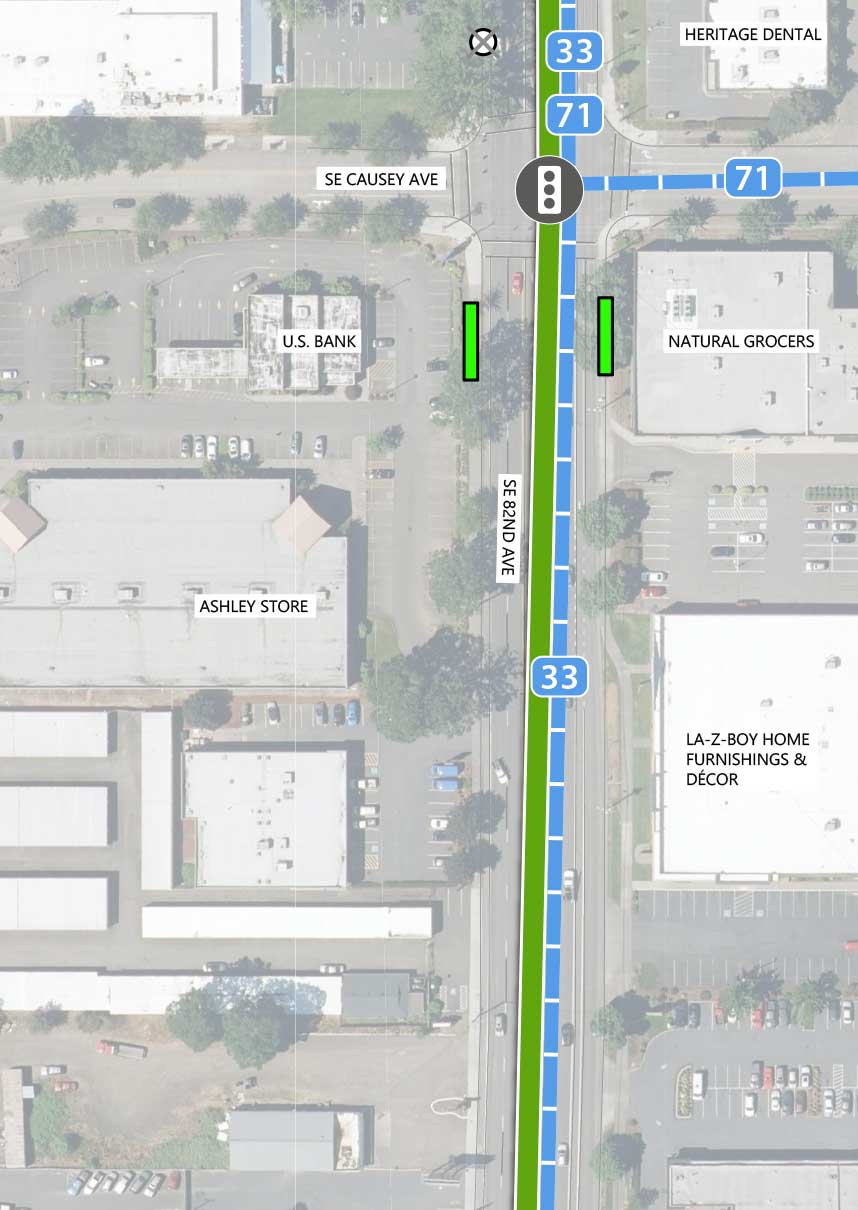 Map showing where the 82nd Ave FX Line runs on SE 82nd Ave, passing Clackamas Square. Lines 33 and 71 run parallel to the 82nd Ave FX Line.
