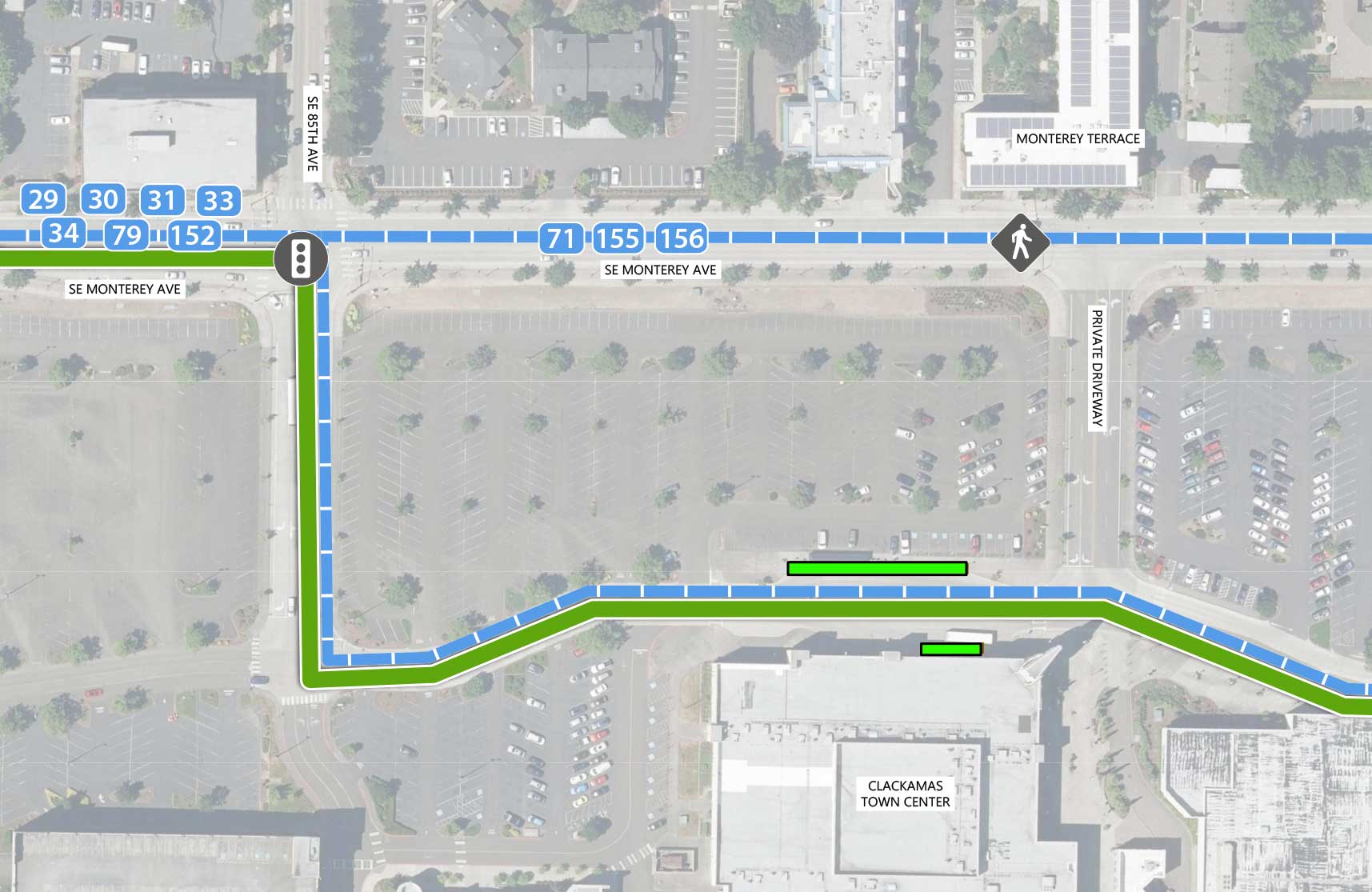 Map showing where the 82nd Ave FX Line runs from SE Monterey Ave to SE 85th Ave and then through Clackamas Town Center. There is an existing traffic signal at the intersection of SE Monterey Ave and SE 85th Ave. There is an existing pedestrain crossing signal further east on SE Monterey Ave. There are two FX stations within Clackamas Town Center.  Lines 29, 30, 31, 33, 34, 79, and 152 run parallel to the 82nd Ave FX Line. Lines 71, 155, and 156 run west to east on SE Monterey Ave then run parallel to the 82nd Ave FX Line through Clackamas Town Center.