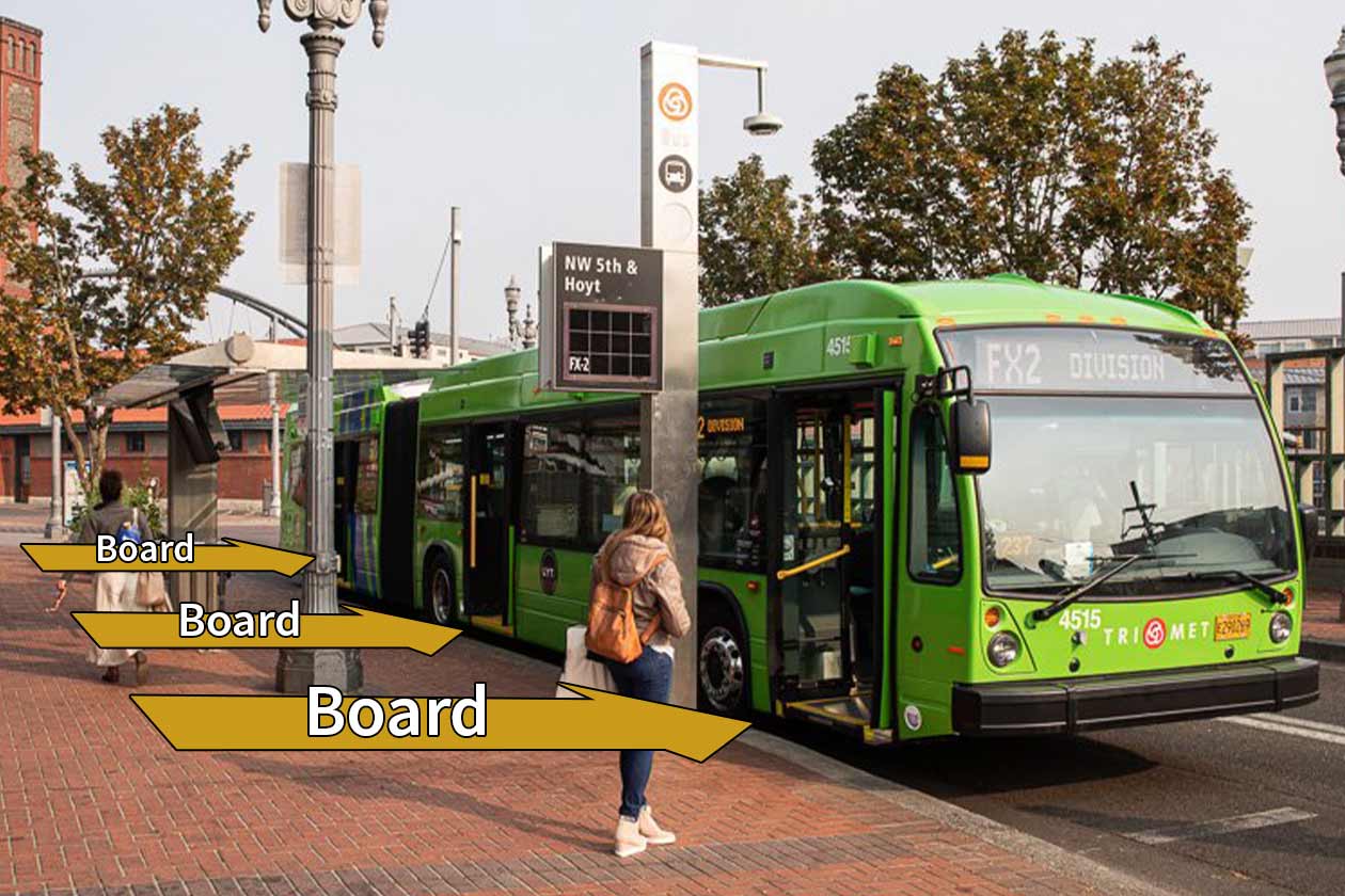 FX bus waiting at the station with doors open, while arrows point at the front and rear doors with text saying to board here.