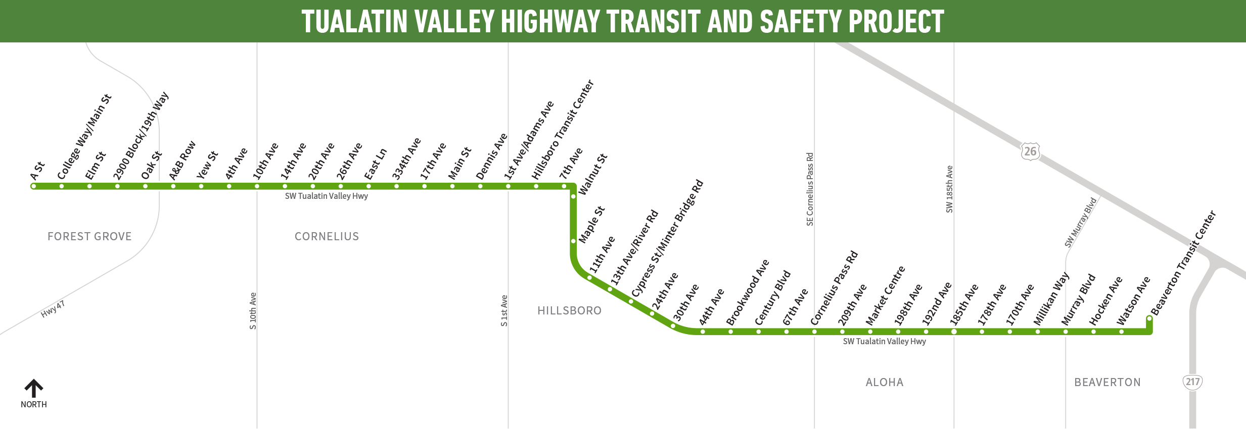 Map showing the route and stations from A Street in Forest Grove to Beaverton Transit Center. Detailed list below.