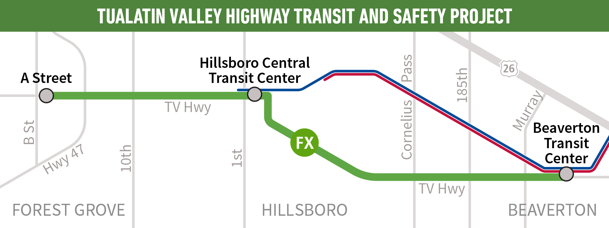 Map showing the FX route from A Street in Forest Grove to Beaverton Transit Center.