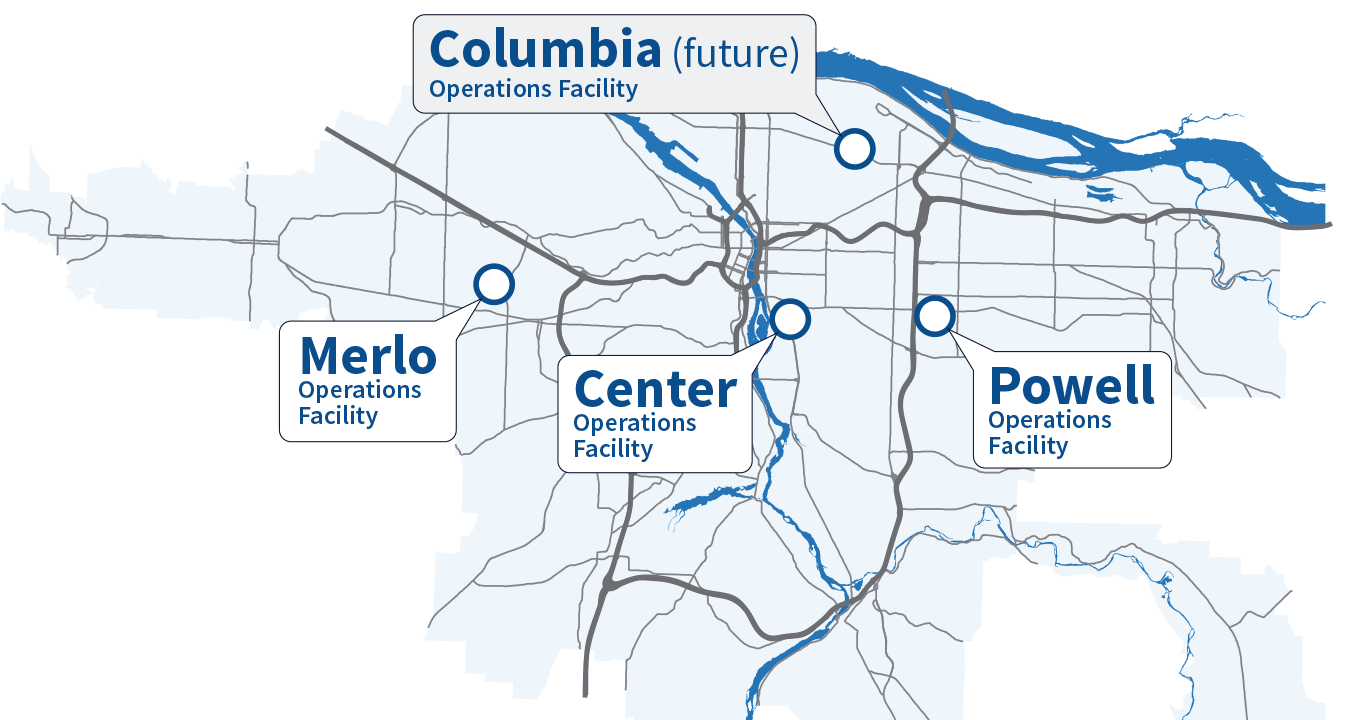 Map of greater Portland area highlighting the locations of four bus facilities: Columbia (future) in northeast, Powell and Center in southeast, and Merlo in Beaverton.